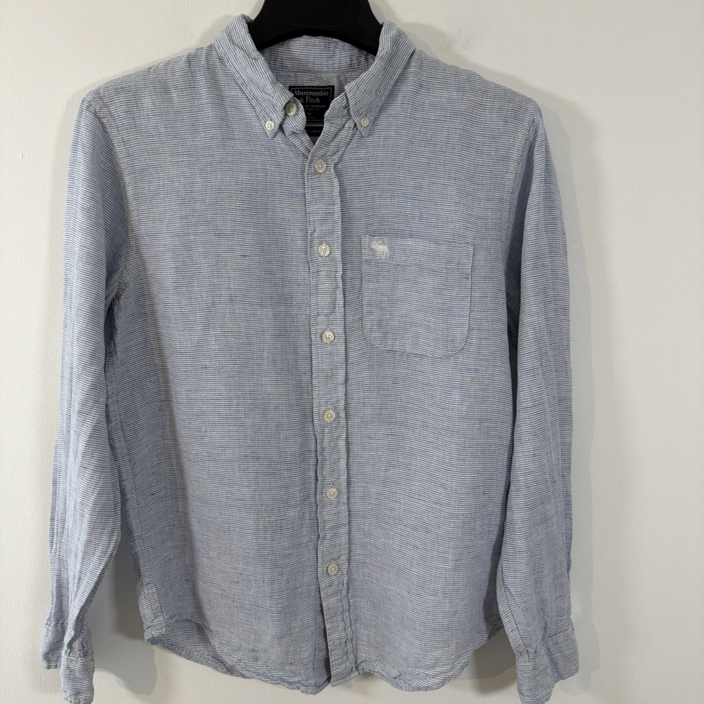 Abercrombie & Fitch Shirt Men's Medium Blue Striped Linen Pocket Button Down